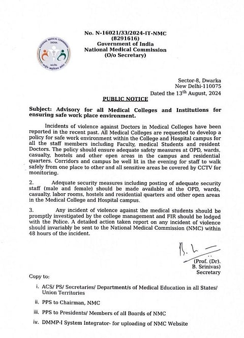 National Medical Commission advisory on ensuring safe workplace environment